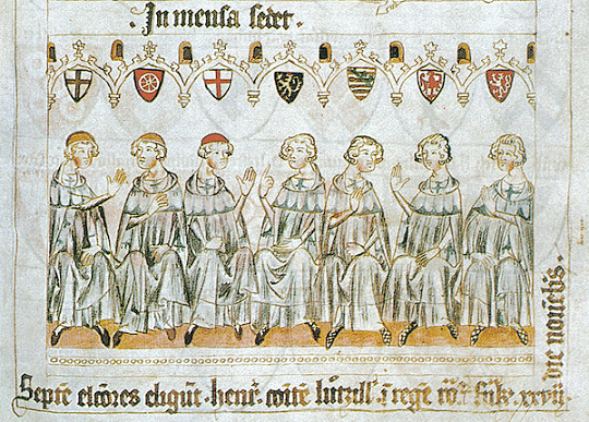 Princes-électeurs de Henri VII de Hohenstaufen - Identifiés à leur blasons, de gauche à droite : l'archevêque de Cologne - l'archevêque de Mayence - l'archevêque de Trèves - le Comte palatin du Rhin - le duc de Saxe - le margrave de Brandebourg - le roi de Bohême